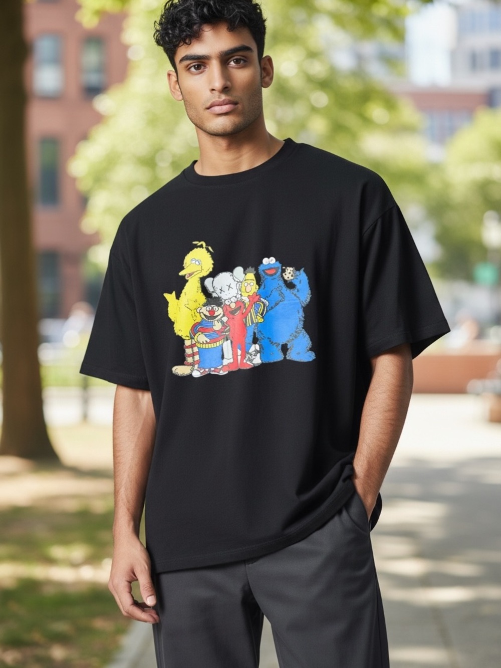 Men's Black Short-Sleeve Graphic Tee with Colorful Character Print